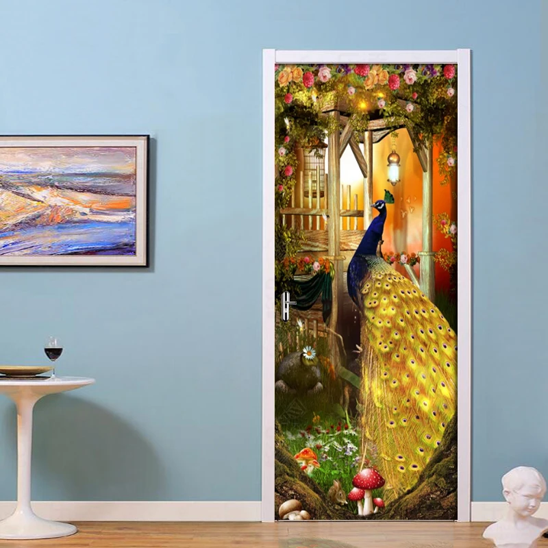 

Home Decor Paste Self Adhesive 3D Wall Sticker Peacock Mushroom Print Art Color Bricks Pulling Door Waterproof Wallpaper Picture