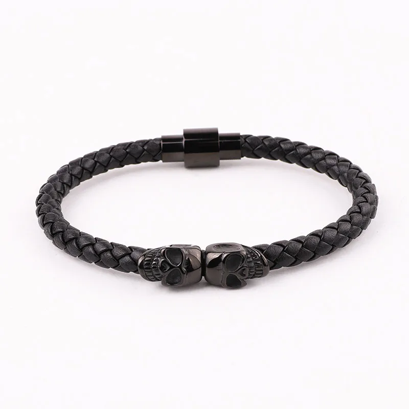 High Quality Punk 316L Stainless Steel Skull Charm Real Genuine Leather Bracelet Men Jewelry Gift