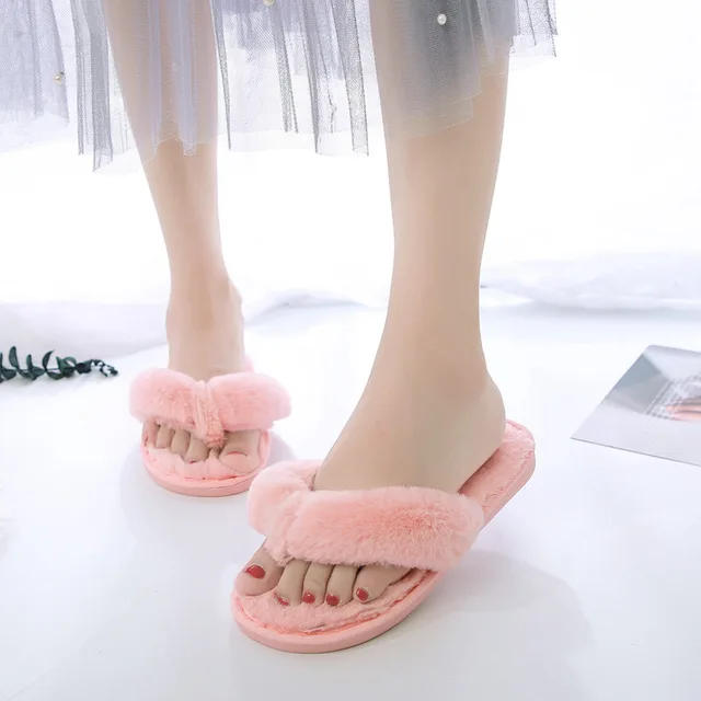 Warm Fluffy Slippers Women Cozy Faux Fur Cross Indoor Floor Slides Flat Soft Furry Shoes Ladies Female Celebrities Flip Flops C-Pink