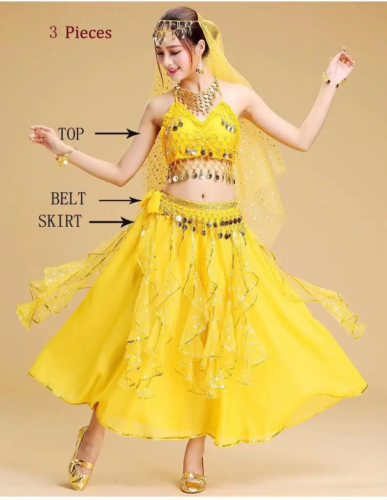 YELLOW 3 Pieces Болливуд набор костюма для танца живота Индийский танец сари танец живота юбка костюм женский шифон 5 шт.(головные уборы вуаль Топ Пояс юбка - Цвет: YELLOW 3 Pieces