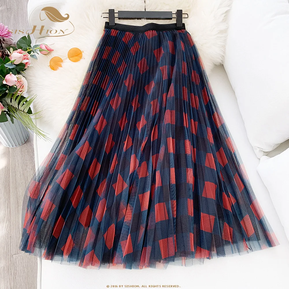 Весенняя летняя Дамская длинная юбка WF0005 красная синяя Зеленая эластичная высокая талия клетчатая Женская фатиновая плиссированная юбка