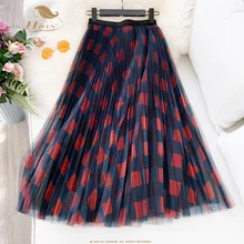 Весенняя летняя Дамская длинная юбка WF0005 красная синяя Зеленая эластичная высокая талия клетчатая Женская фатиновая плиссированная юбка