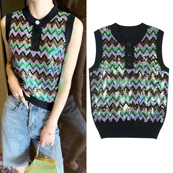 

2020 Summer Women Luxury Sequin Beaded Corrugated Sleeveless Sweater Korean O-neck Button Letter Fashion Vintage Vest Clothes