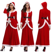 Женская рождественская маскарадная Одежда Костюм Санта Клауса платья Санта-Клауса с капюшоном Топ с длинным рукавом, набор размера плюс M-XL женское платье