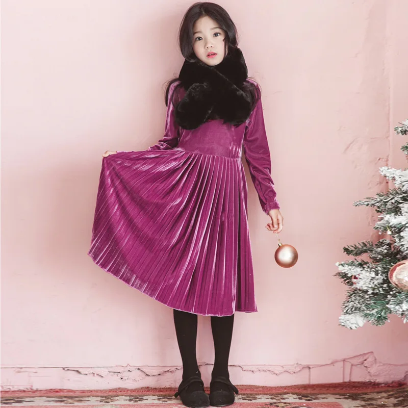 

Silk Velvet Christmas Dress Autumn Children Dress Winter Baby Princess Dress Turtleneck Toddler Kids Pleated Clothes