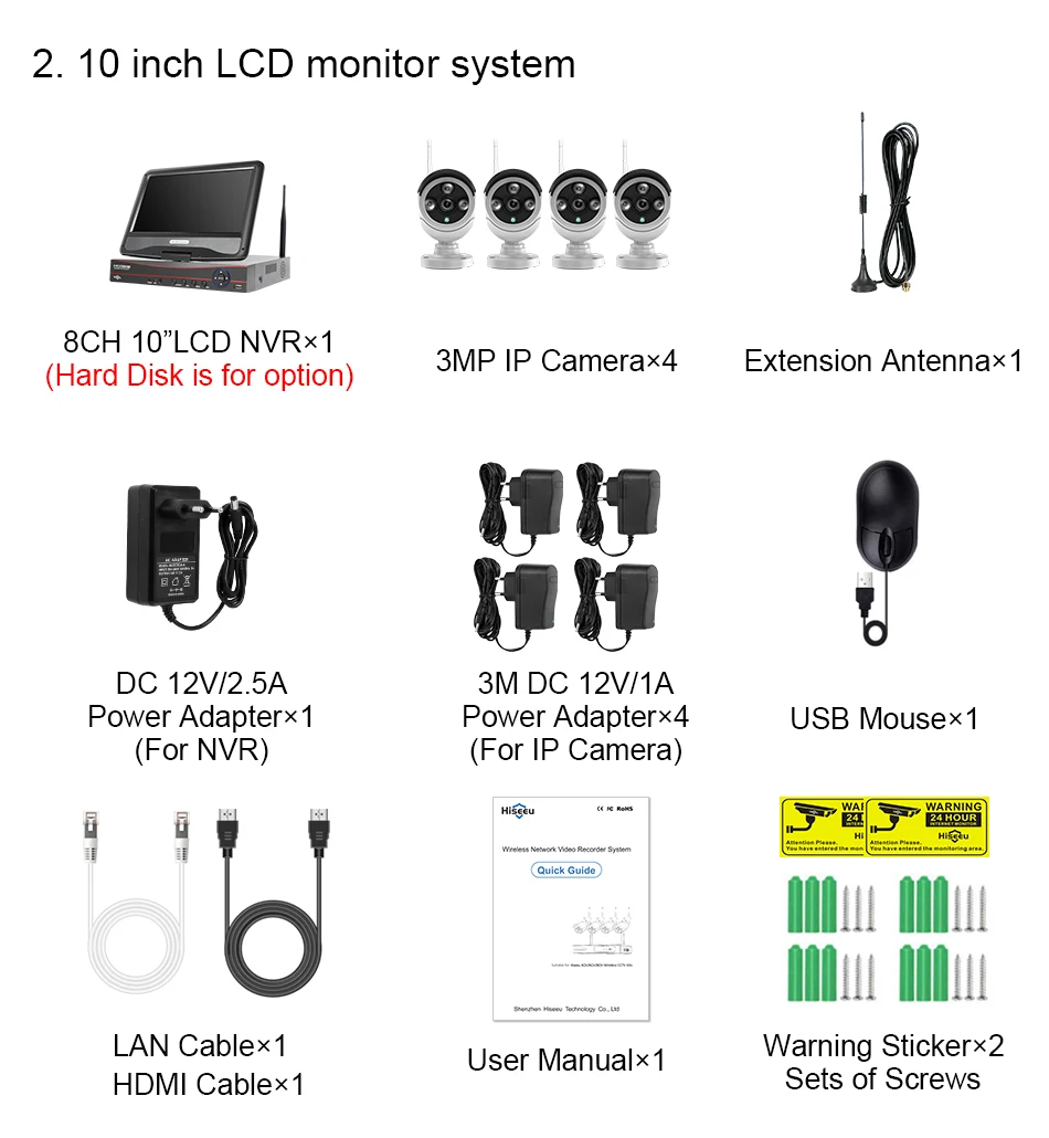 Hiseeu 8CH Wireless CCTV System 1536P 1080P NVR wifi Outdoor 3MP AI IP Camera Security System Video Surveillance LCD monitor Kit