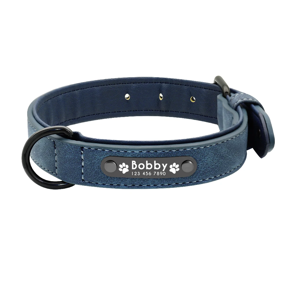 Dog Collars Personalized Custom Leather Dog Collar Name ID Tags For Small Medium Large Dogs Pitbull Bulldog Beagle Correa Perro - Цвет: Синий