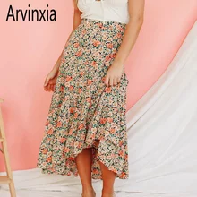 Arvinxia, новинка, цветочный принт, оборки, женские макси юбки, сексуальный пляжный стиль, женская Праздничная юбка, шикарная, Boho Femme, до середины икры, низ, saias