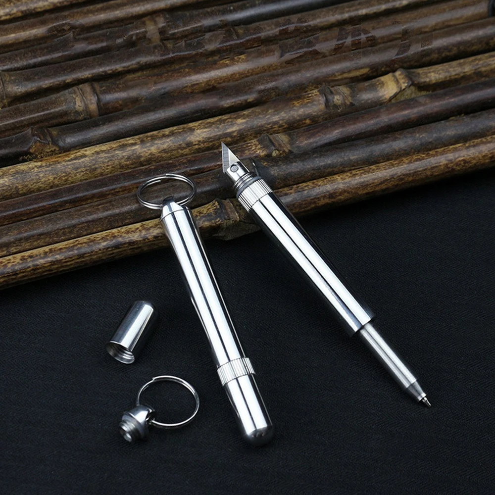 

Mini Tactical Pen With Knife Metal Key Ring Stainless Steel Telescoping Pen Keyring Outdoor Self Defense Survival Supplies Tool
