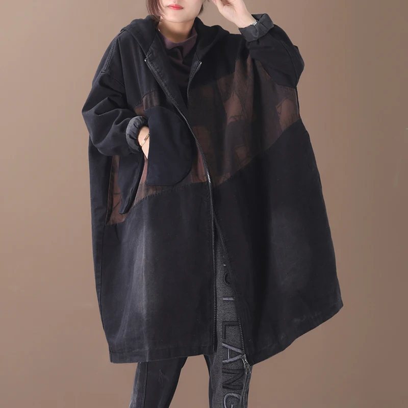 Женский осенний и зимний Корейский стиль плюс размера плюс литературный с капюшоном сшивание утолщение do-old свободное джинсовое пальто
