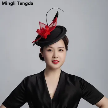 

Mingli Tengda 6 Colors Philippines Cambric Hat Headwear Wedding Cap Linen Bridal Feather Headdress Elegant Women Hats Royal Blue