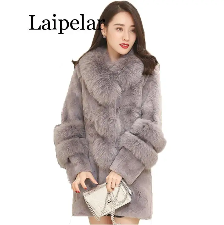 

Laipelar Winter Faux Fur Collar Coats Outerwear 2020 Autumn Runway Fashion Thick Warm Slim Party Long Faux Leather Rabbit Fuax