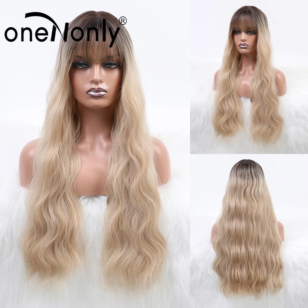 

oneNonly Synthetic Wigs Deep Wave with Bangs Wigs for White/Black Women Heat Resistant Glueless Natural Hair Ombre Blonde Wigs