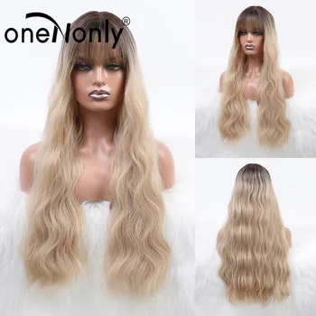 

oneNonly Synthetic Wigs Deep Wave with Bangs Wigs for White/Black Women Heat Resistant Glueless Natural Hair Ombre Blonde Wigs