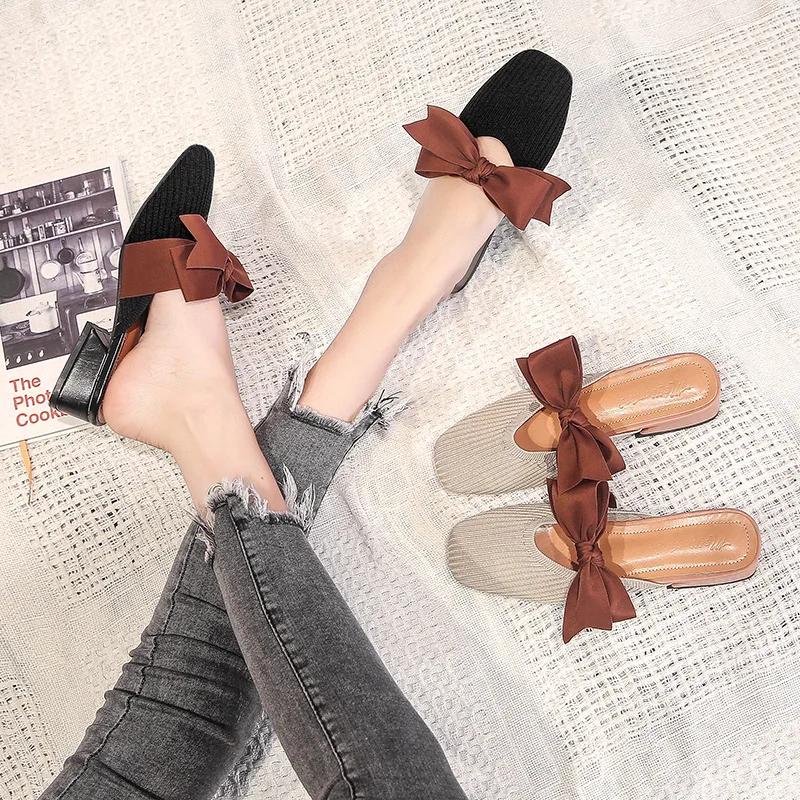 knitting square close chunky mules slides trendy casual bow-knot shallow slingback loafers breathable fly weave slippers autumn