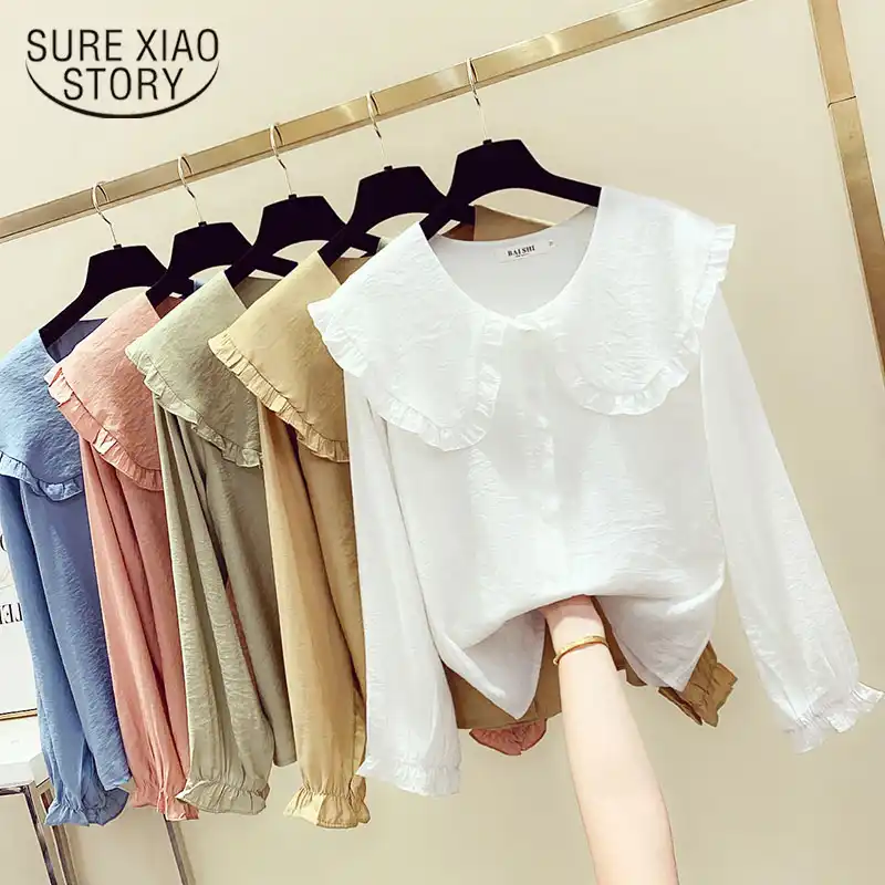 Musim Semi Musim Gugur Fashion Baru Wanita Peter Pan Kerah Kemeja Slim Lengan Panjang Santai Katun Blus Atasan Wanita Kemeja Putih Mujer 11356 Blus Dan Kemeja Aliexpress