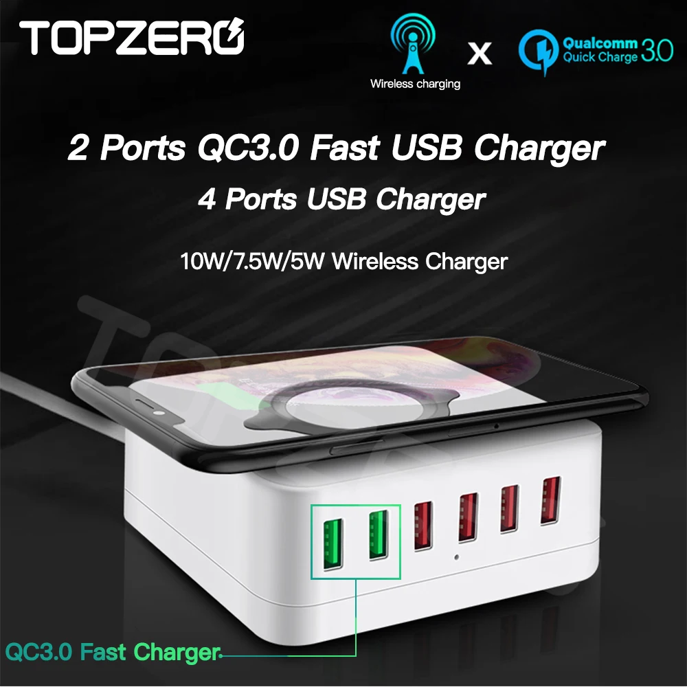 - 72W USB Socket Charger Station 10W Wireless Dual QC30 Fast Charging Adapter 6 Ports USB Charger For IPhone Xs 11 Huawei Xiaomi
