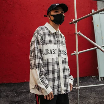 

New men's shirt jacket loose fashion casual long-sleeved hip-hop shirt thin jacket super loose fashion plaid men shirt