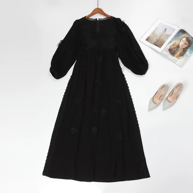 AELESEEN New Europe Retro Design Party Dresses Women Luxury 3D Flower Appliques Beading Elegant Puff Sleeve Lace Long Dress