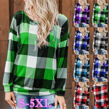 

2020 NEW Spring Long Sleeve Round Collar Plaid Printed Loose Plus Size Women Cool T-shirt