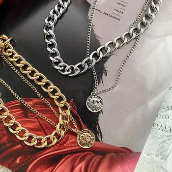 

European and American retro portrait of exaggerated thick chain necklace double personality chain hip-hop neck chain short colla