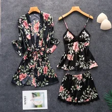 Черная леди 3 шт ремень Топ Брюки Костюм Пижама комплекты одежды для сна Женская домашняя одежда ночная рубашка соблазнительное кимоно халат ночная рубашка