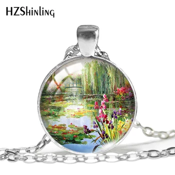 

2020 New Water Lily Pendant Necklace Monet Flower Painting Pendants Jewelry 25mm Round Glass Dome Necklaces