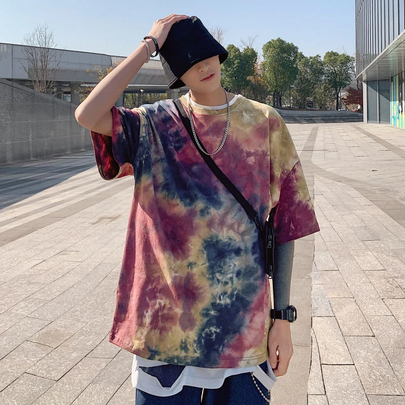 

streetwear Short-sleeved T-shirt Men Ins Tide Brand Clothes Korean Style Loose Tie dye tshirt Harajuku Style Five-point Sleeve
