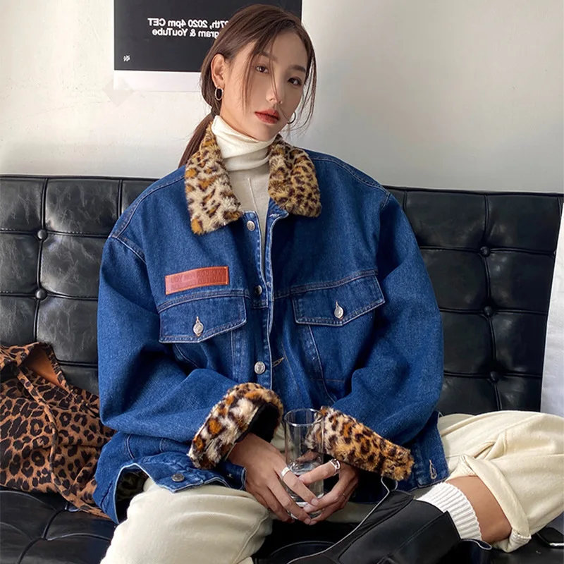 

2021 Style Korean Style Loose Warm Winter Plus Velvet Cotton Coat Flannel Splicing Jacket Female Denim New Coat Fashion Clothing