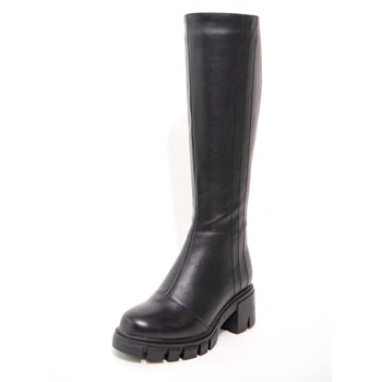 

Leather Knee High Boots Women Autumn Winter High Square Heel Lady Platform Shoes G274 Woman Zipper Black Round Toe Sewing Boots