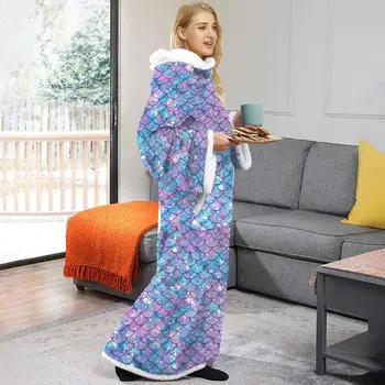 

TV Fleece Blanket With Sleeves Mermaid Hooded Pocket Blankets Warm Soft Hoodie Slant Robe Bathrobe Sweatshirt Pullover
