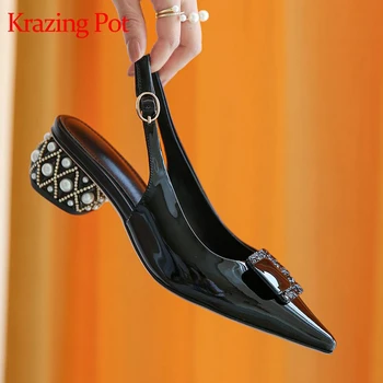 

Krazing Pot new metal decorations pearl gorgeous high quality pointed toe med round heel office lady daily wear women pumps L03