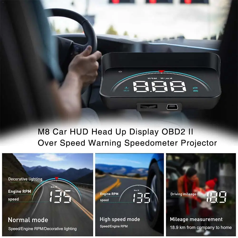 

M8 Smart Head-up Universal Car HUD Head Up Display OBD2 II Over Speed Warning Speedometer Projector Color LED Screen 2019 New