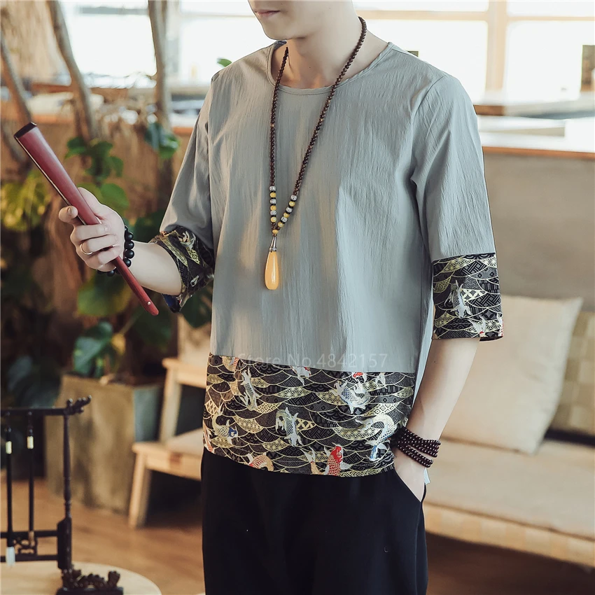 Summer Vintage Shirts Embroidery Chinese Top Cotton Linen Carp Kung Fu Hanfu Traditional Chinese Clothing for Men Blouse