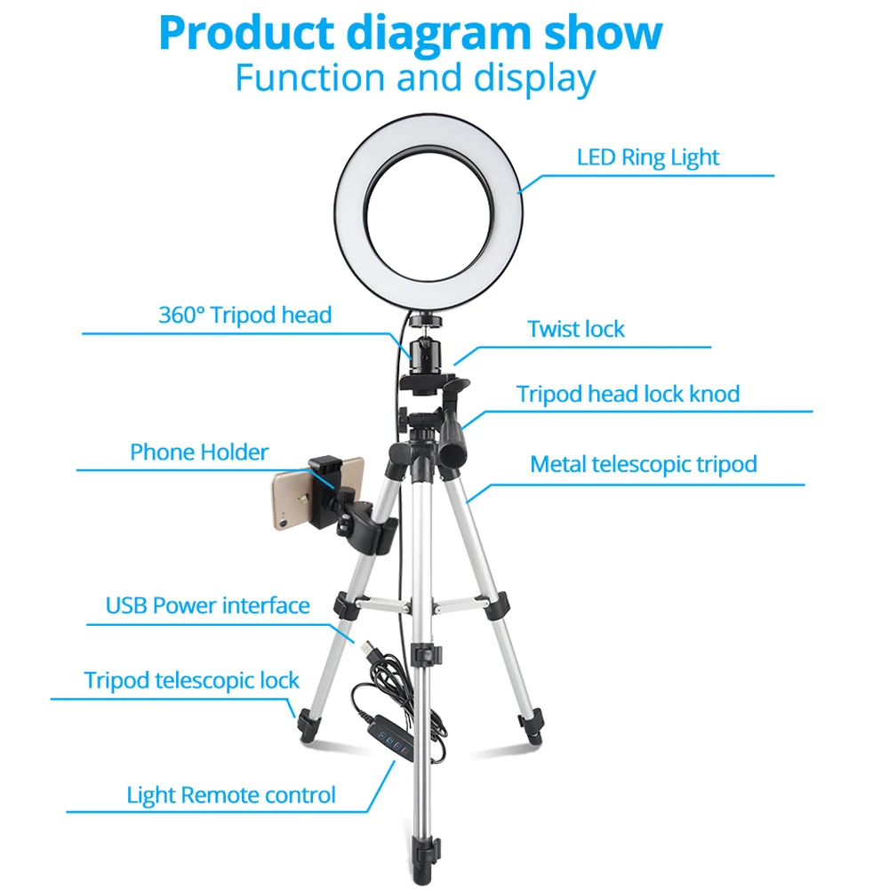 Spash 6 Inch LED Selfie Ring Light with Stretchable Tripod and Phone Holder Circular Lamp Light Ring for Makeup Photography 7