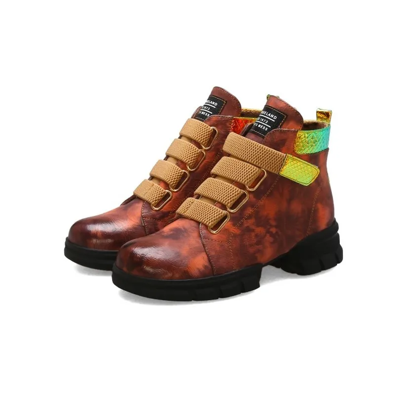 

US4-11 Womens Round Toe Mixed Colors Printed Hook Loop Ankle Boots Platform Hoof Heels Shoes 3Colors Plus Size A1446