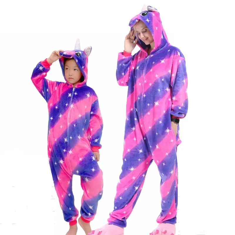 Women Unicorn Pajamas Sets Kigurumi Flannel Animal Pajamas Kids Women Winter Nightie Hooded Pyjamas Sleepwear Cartoon Homewear - Цвет: Purple ColorStar