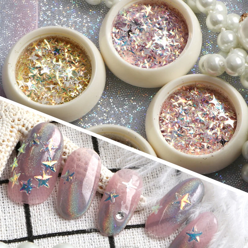 

Holographic Nail Art Sequins Colorful Shiny Round Star Beauty Patterns Nail Art Decoration Tips in Box for Nail DIY Designs