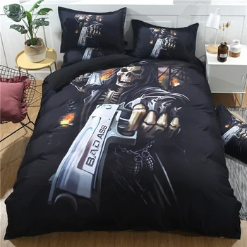 

Hot style 3D digital skull printing 100% Polyester bedding set 1 duvet cover + 1/2 pillowcases bed in a bag (no sheet).