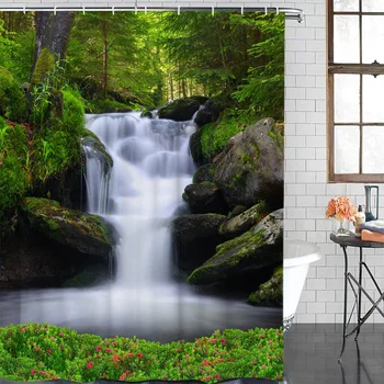 

Green Forest Waterfall Flower Grass Waterproof Polyester Fabric Bathroom Curtain Home Decoration Bathroom Shower Curtain
