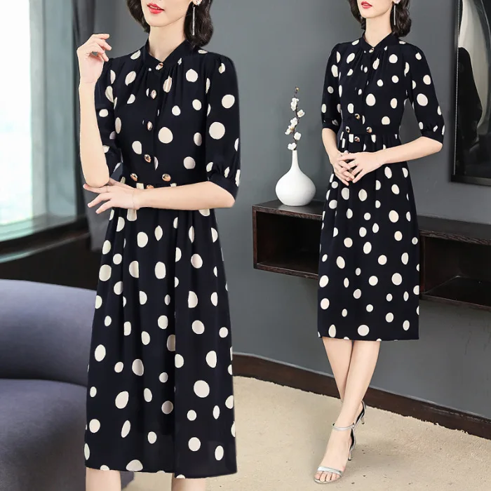 

2019 Spring New Style Three-quarter-length Sleeve Polka Dot Printed Silk Dress Women's Crew Neck Loose-Fit Mid-length Big Skirt