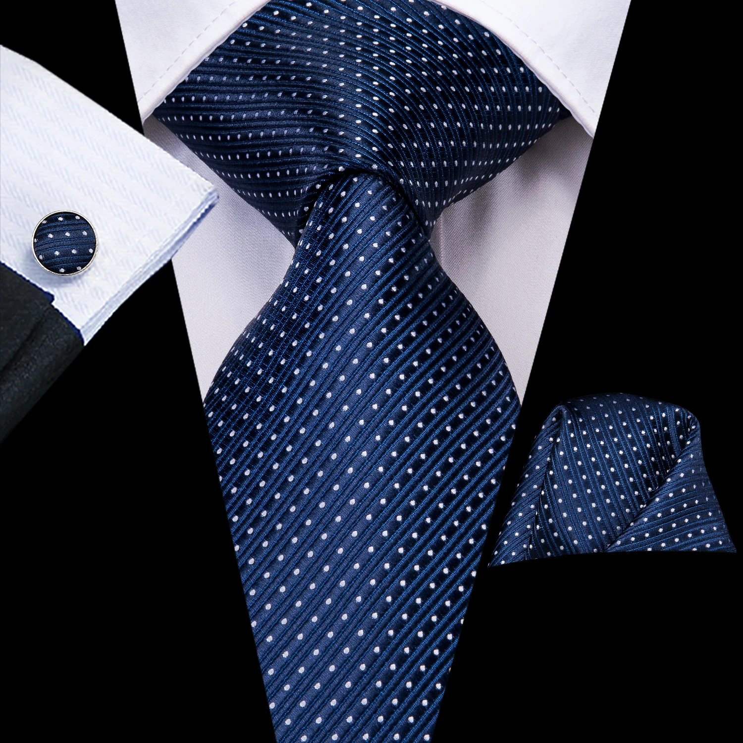 Hi-Tie Designer Mens Necktie Navy Blue Striped Dot Silk Wedding Tie For Men Hanky Cufflinks Tie Set Business Party