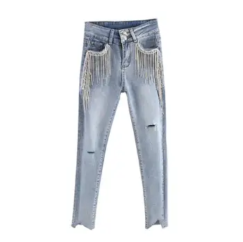 

2020 spring new heavy industry bright diamond tassel jeans women high waist hole pencil feet denim pants r918