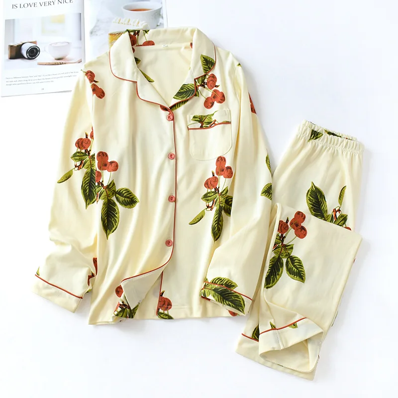 

New 100% Cotton Long Sleeves Pajamas for Women Daisy Cherry Printing Plus Size Sleepwear Keep Warm and Comfortable Home Clothes