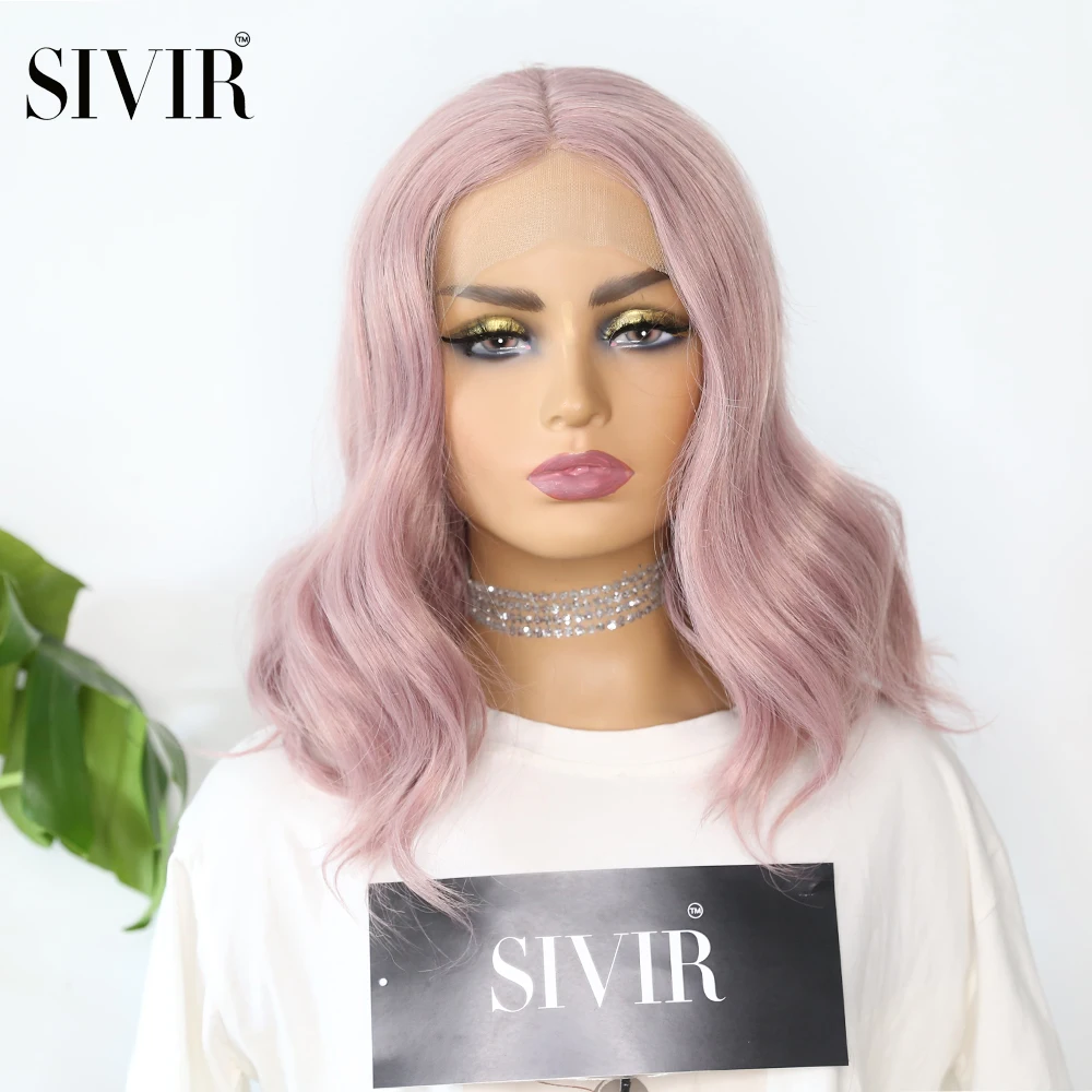 

Sivir Pink Hair Purple Short Wavy Wigs Synthetic Lace Front Wigs Heat Resistant Cosplay Wig Middle Part Cosplay Pink Wig