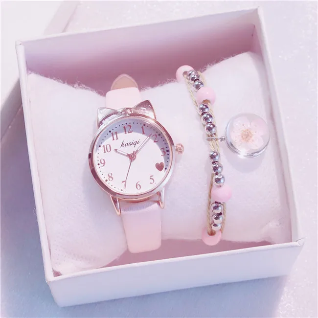 Милые женские часы кошка розовый женский набор часов кожаный ремешок простые женские часы с цветком браслет Reloj Mujer Montre Femme