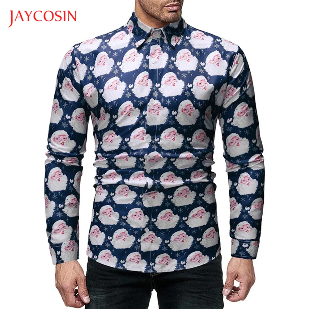 Joycosin Рождественская зимняя мужская рубашка модная мужская одежда Санта Клаус Снежинка принт длинный рукав Облегающая рубашка мужские топы