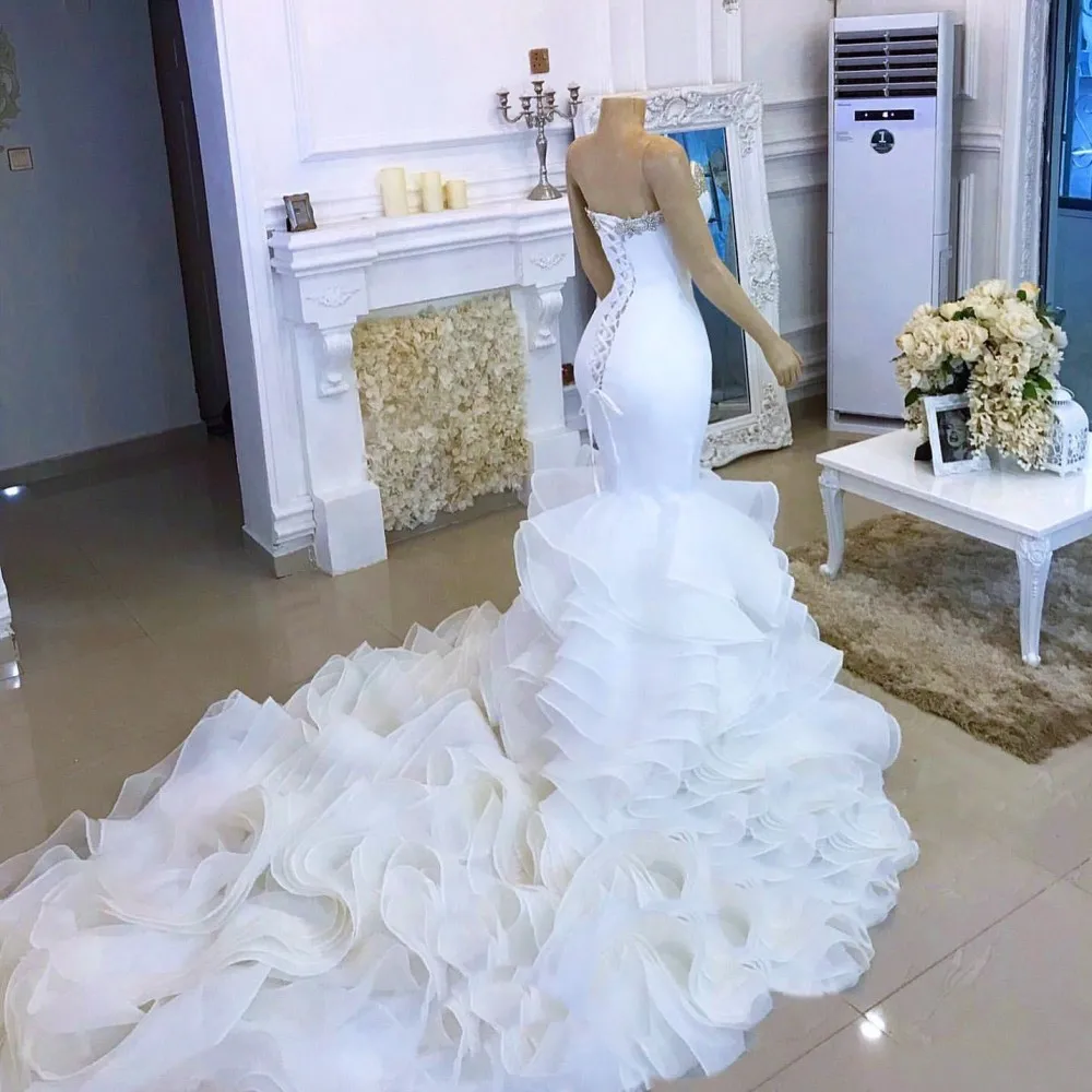 Свадебные платья русалки с кристаллами и бусинами, свадебные платья vestidos de novia, многоярусные юбки из органзы, свадебные платья со шнуровкой на спине