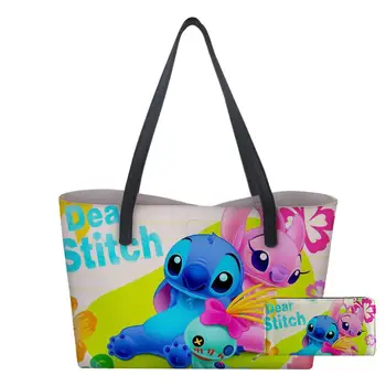 

Women Shoulder Bag with wallet set Tote Bag Handbags Cartoon Anime Lilo Stitch Print Women's Girl PU leather Large Beach Bag