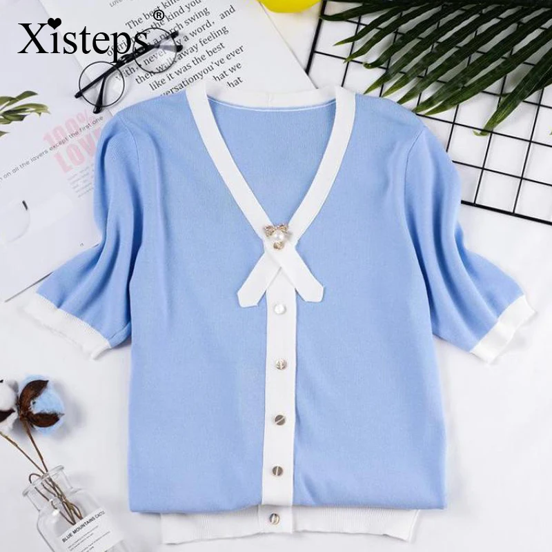 

Nonis Summer Ice Silk Knitted V Neck Short Sleeve Women Beading Cardigan Femme Blouse Shaped Waist Ladies Casual Single Breasted